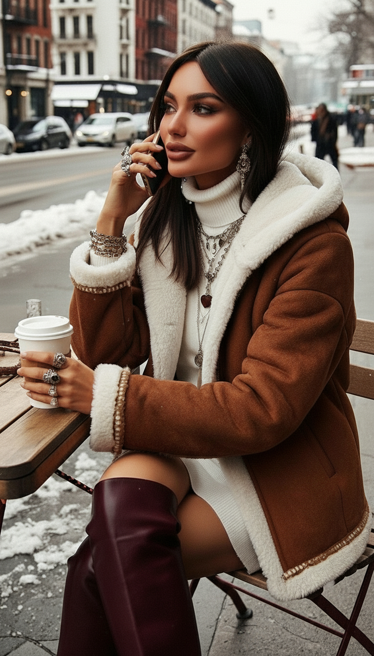 Una donna con un cappotto di montone marrone parla al telefono seduta al tavolo di un bar, tenendo in mano una tazza di caffè.