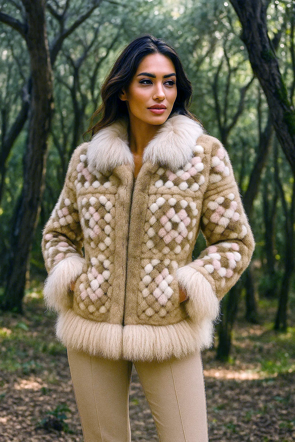 Donna con giacca fantasia color beige e bianco con rifiniture in pelliccia, in piedi in una foresta.