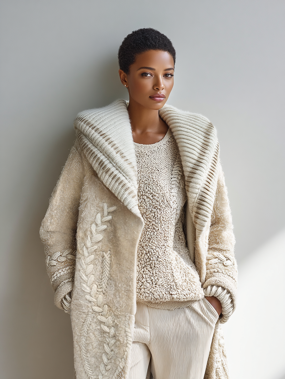 Donna con cappotto e maglione color crema, appoggiata a un muro grigio.