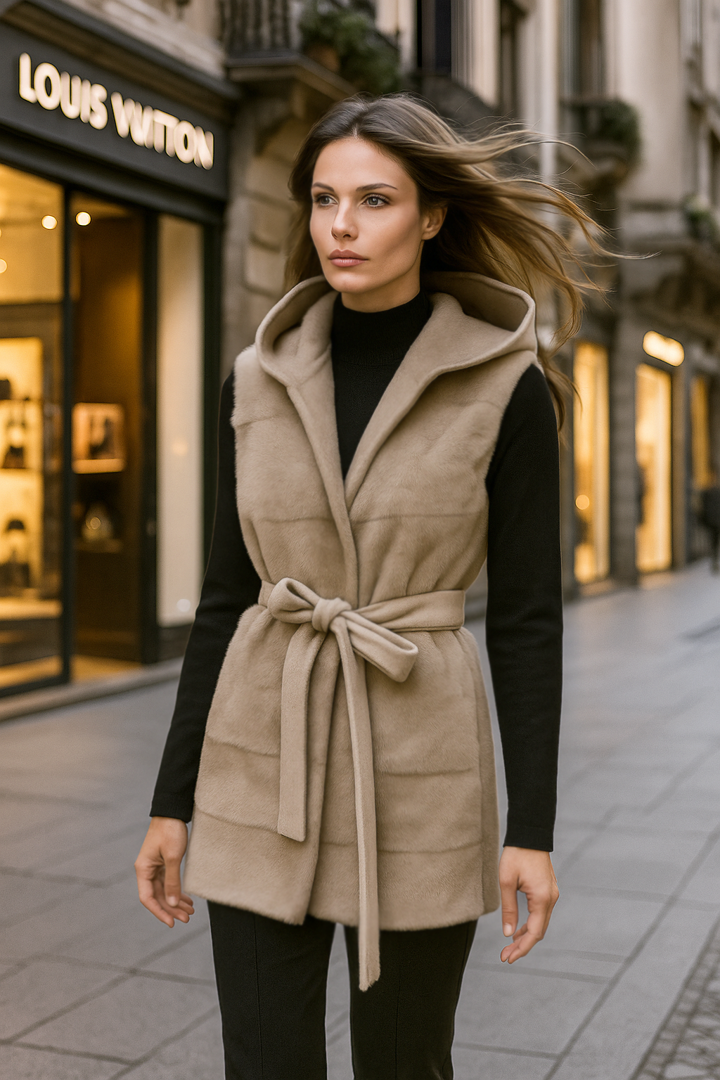Donna con gilet beige con cappuccio e abito nero, in piedi fuori dal negozio Louis Vuitton.