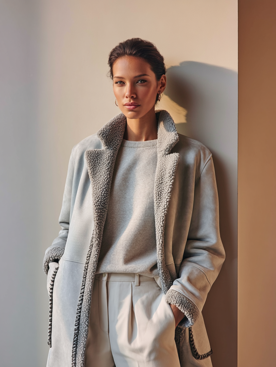 Donna con cappotto azzurro, in piedi vicino a un muro, che guarda verso la telecamera.