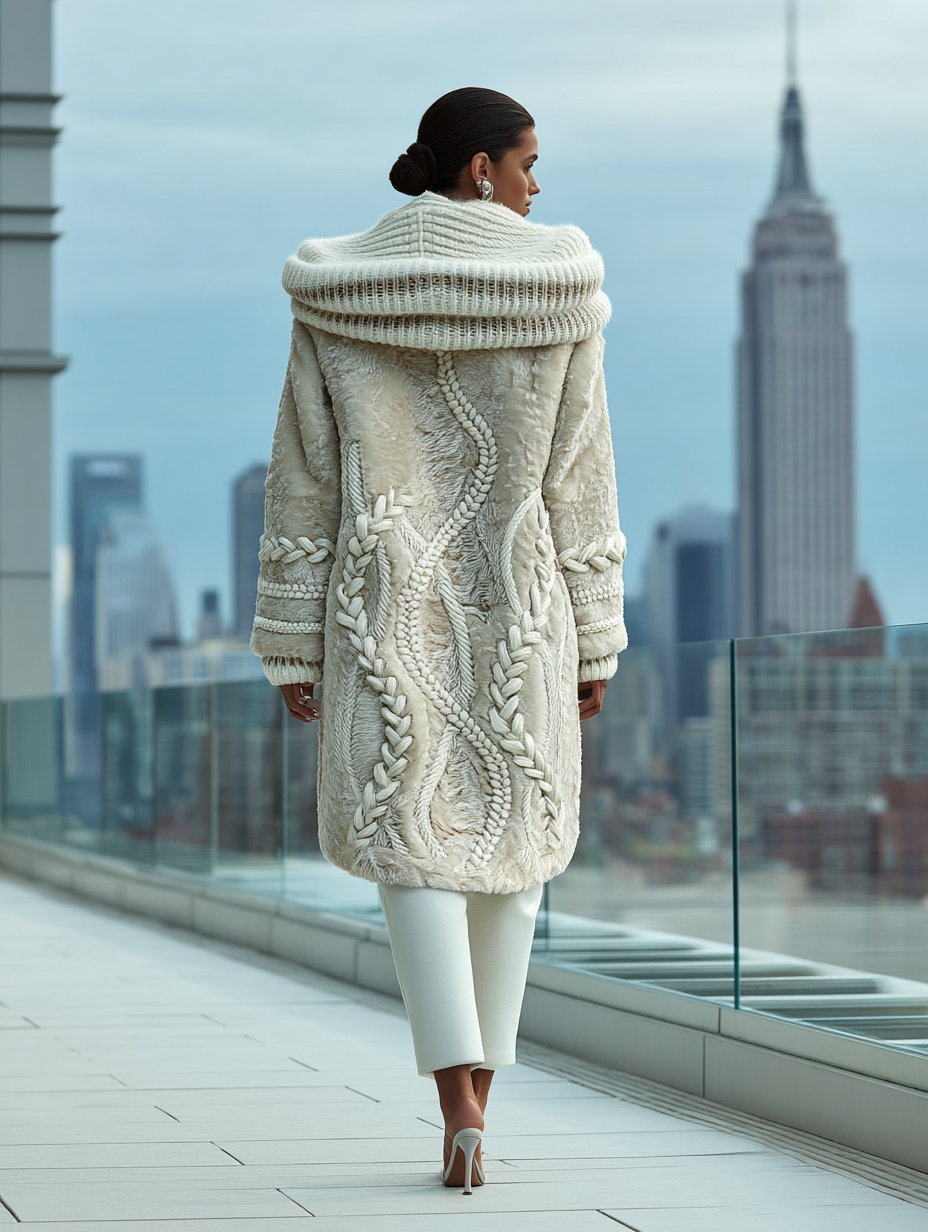 Donna con cappotto e maglione color crema, appoggiata a un muro grigio.
