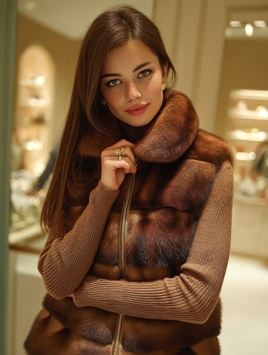 Donna con gilet e maglione di pelliccia marrone in posa in interni con un'espressione dolce e neutra.