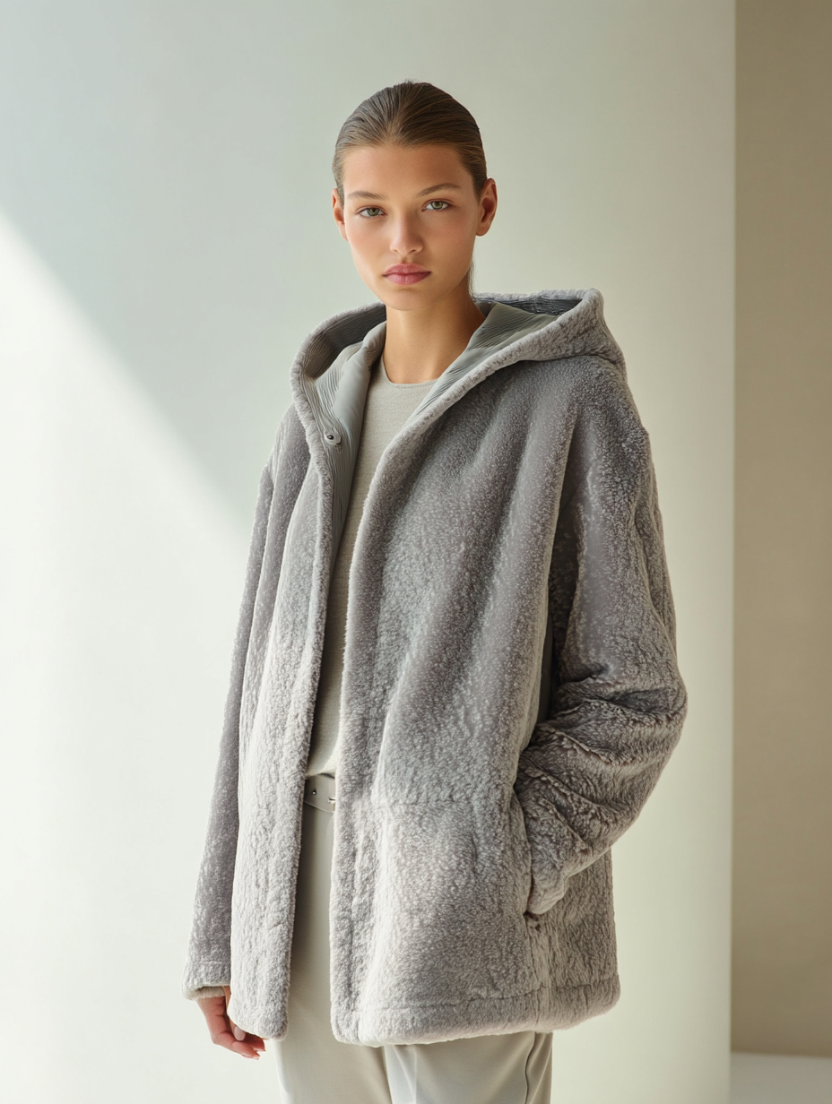 Donna che indossa un cappotto grigio in pile con cappuccio, in piedi davanti a un muro bianco.