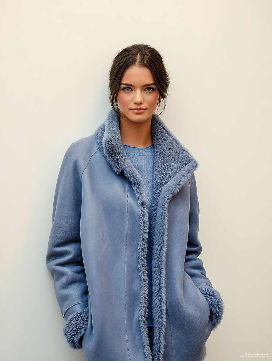 Donna che indossa un lungo cappotto di montone blu con un colletto di pelliccia, in piedi davanti a una parete chiara.