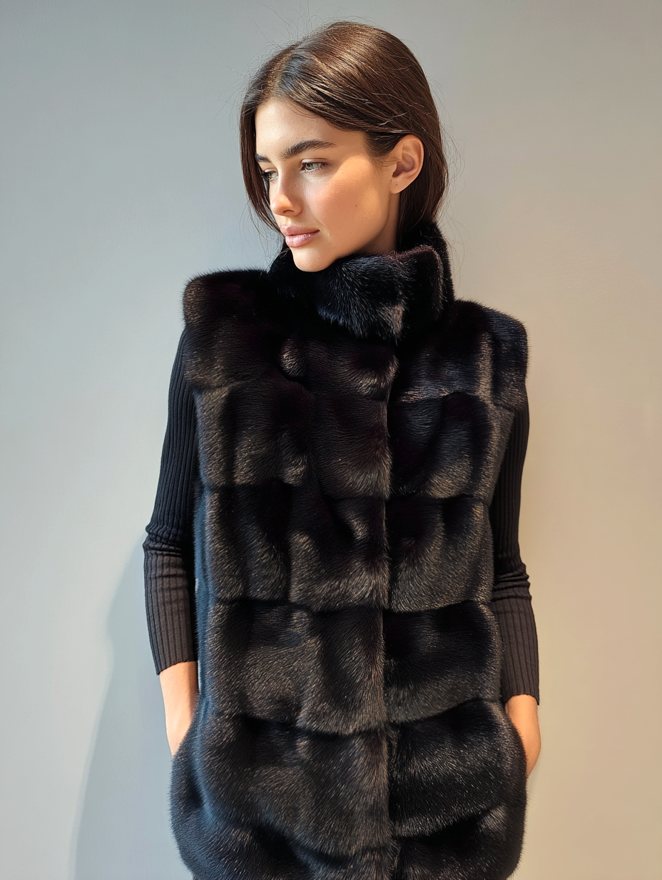 Donna con un gilet di pelliccia nero, mani in tasca, che guarda la telecamera.