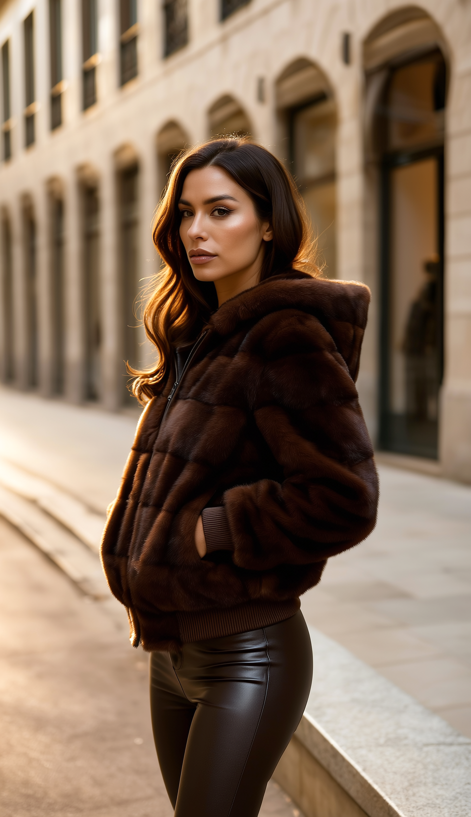 Donna con cappotto di pelliccia scuro e pantaloni di pelle che cammina lungo una strada cittadina, con borse della spesa.