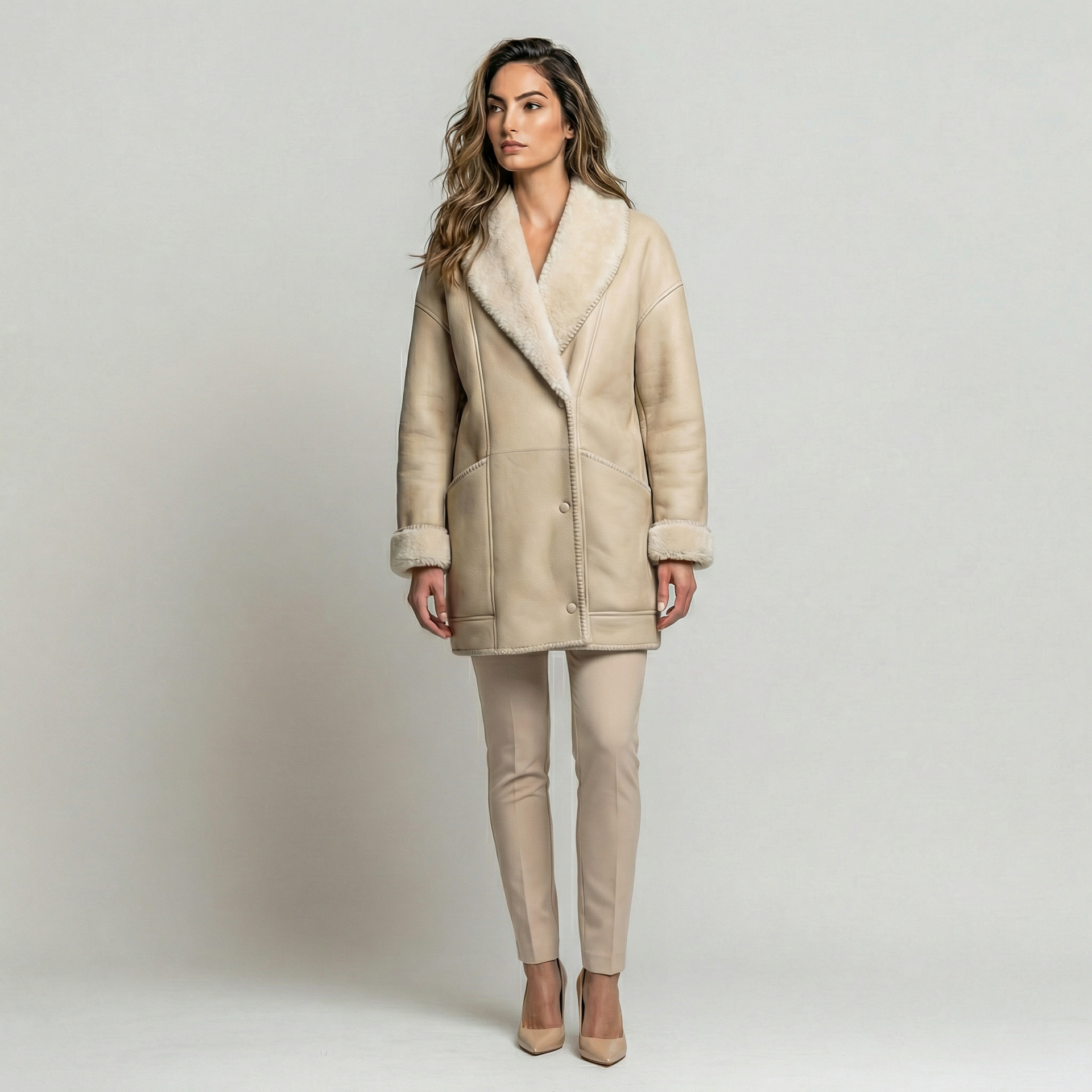 Donna con cappotto di montone beige e pantaloni in piedi su uno sfondo chiaro.