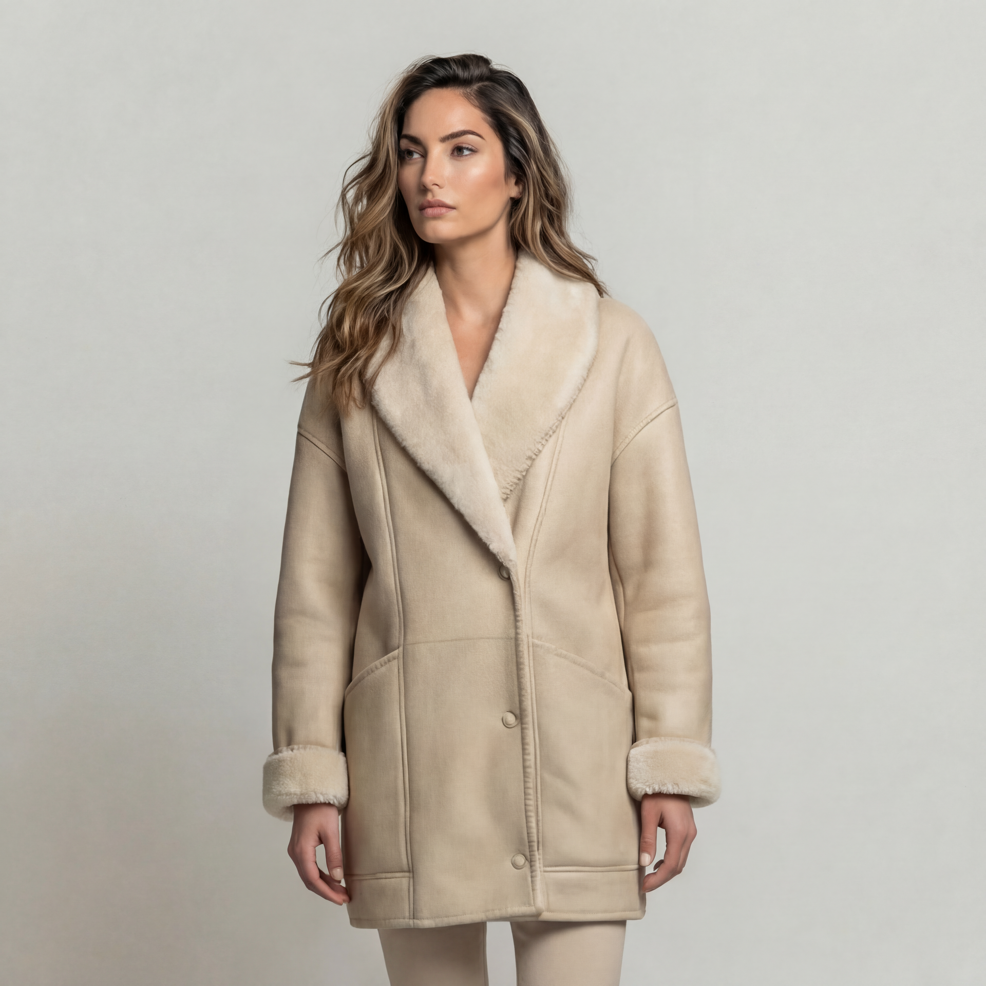 Donna con cappotto di montone beige e pantaloni in piedi su uno sfondo chiaro.