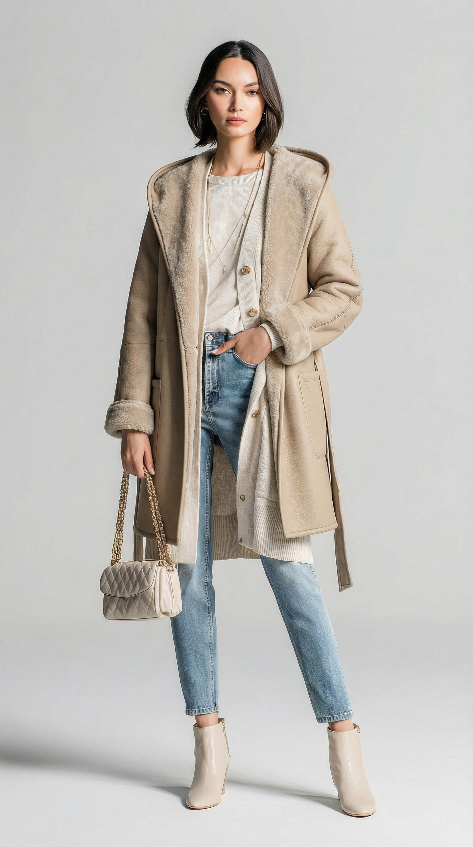Donna con cappotto marrone chiaro, jeans e stivali, che tiene in mano una borsa, in posa davanti a uno sfondo grigio.