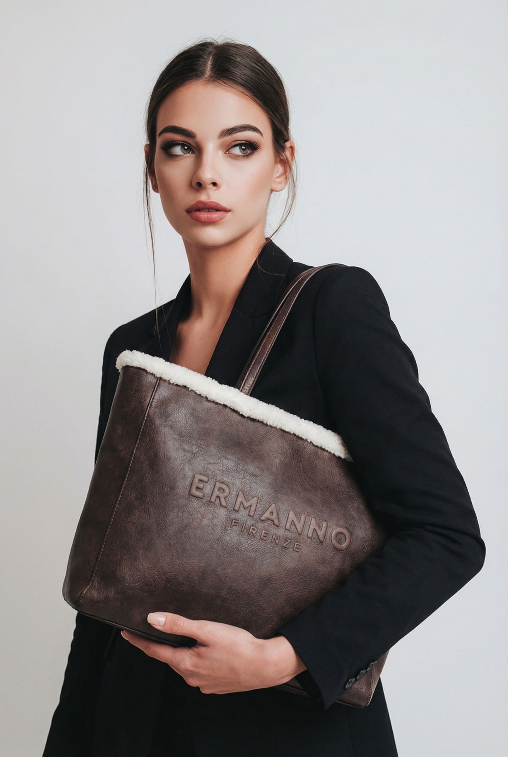 Grande Borsa a Spalla Effetto Vintage con Finiture Off-White