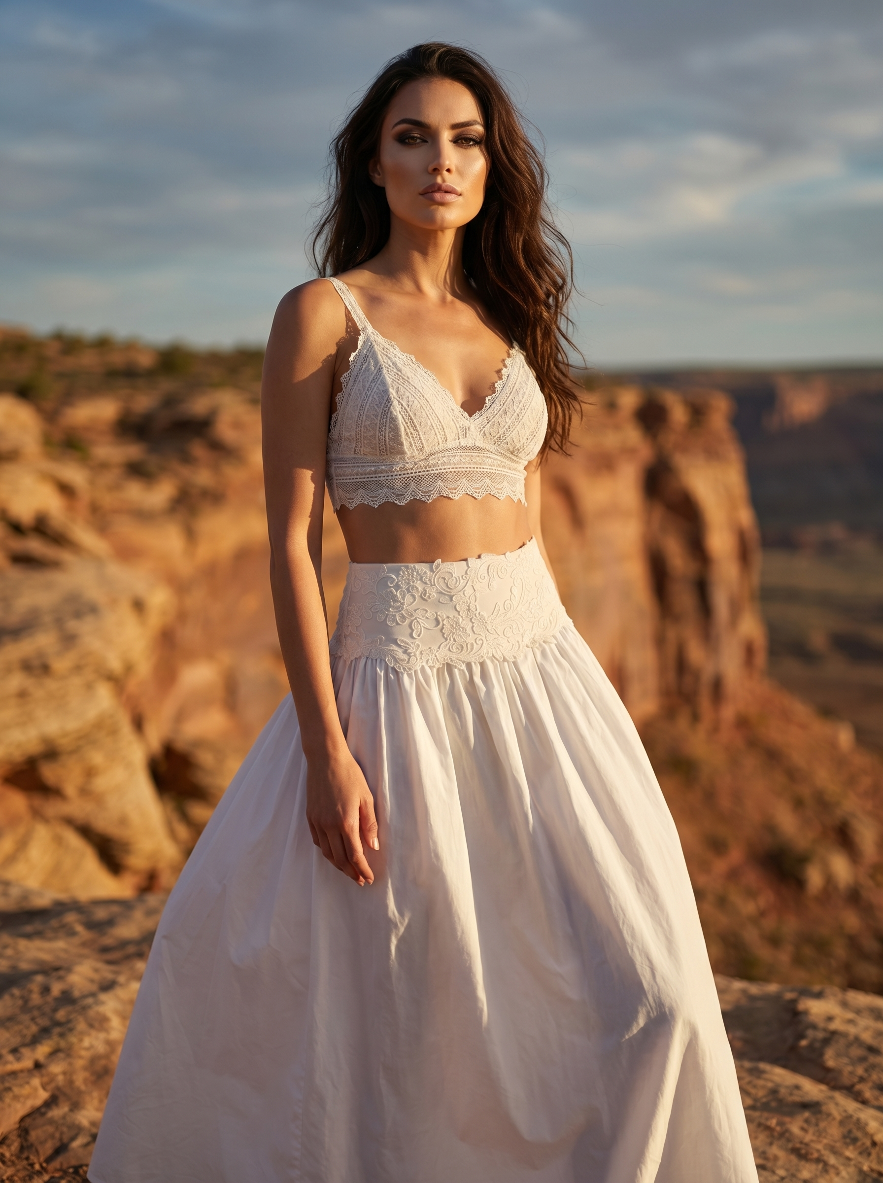Una donna con una maglietta di pizzo bianco è in piedi in un deserto sabbioso e guarda in camera.
