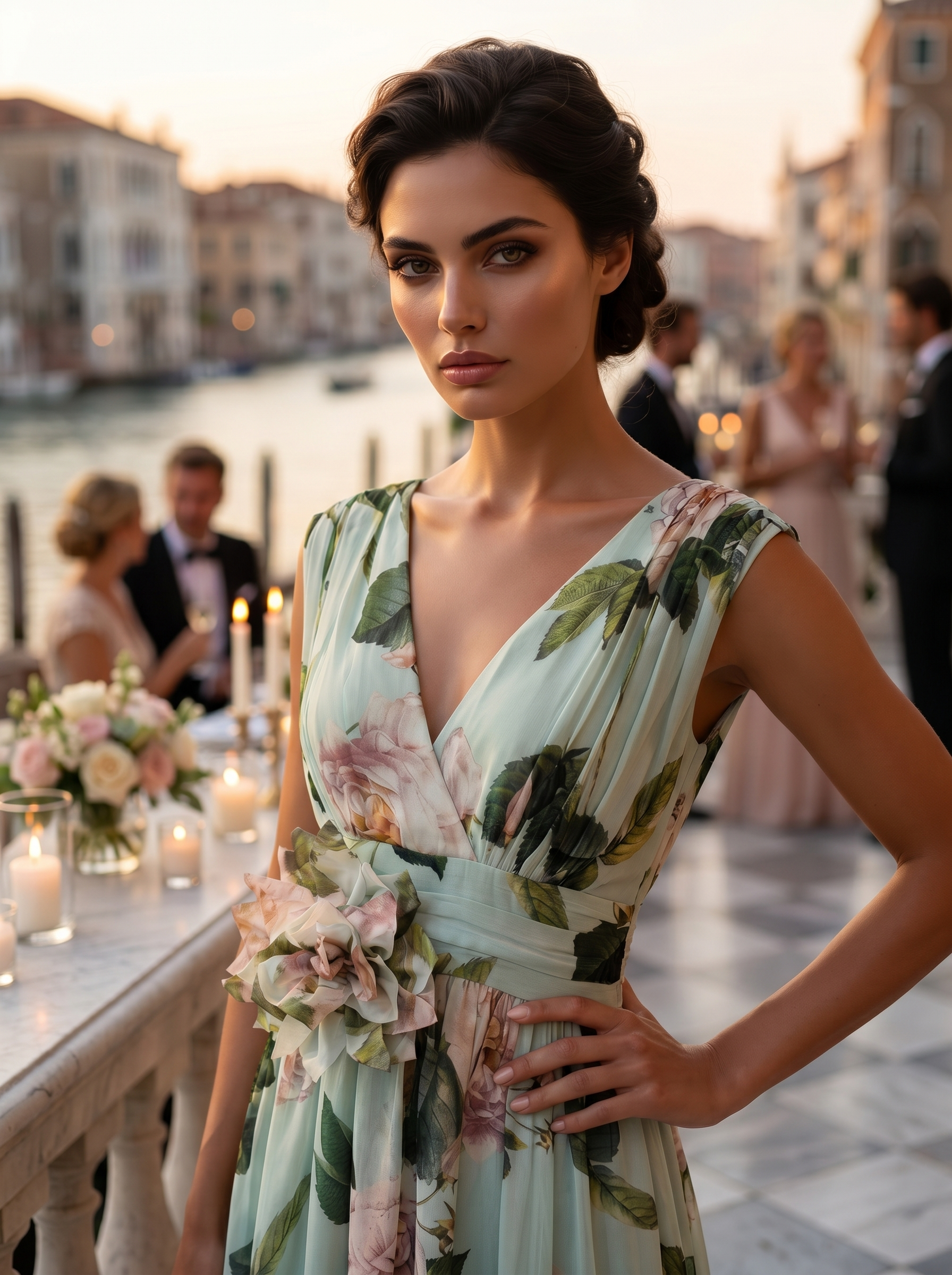 Donna con abito floreale seduta in una gondola su un canale di Venezia.