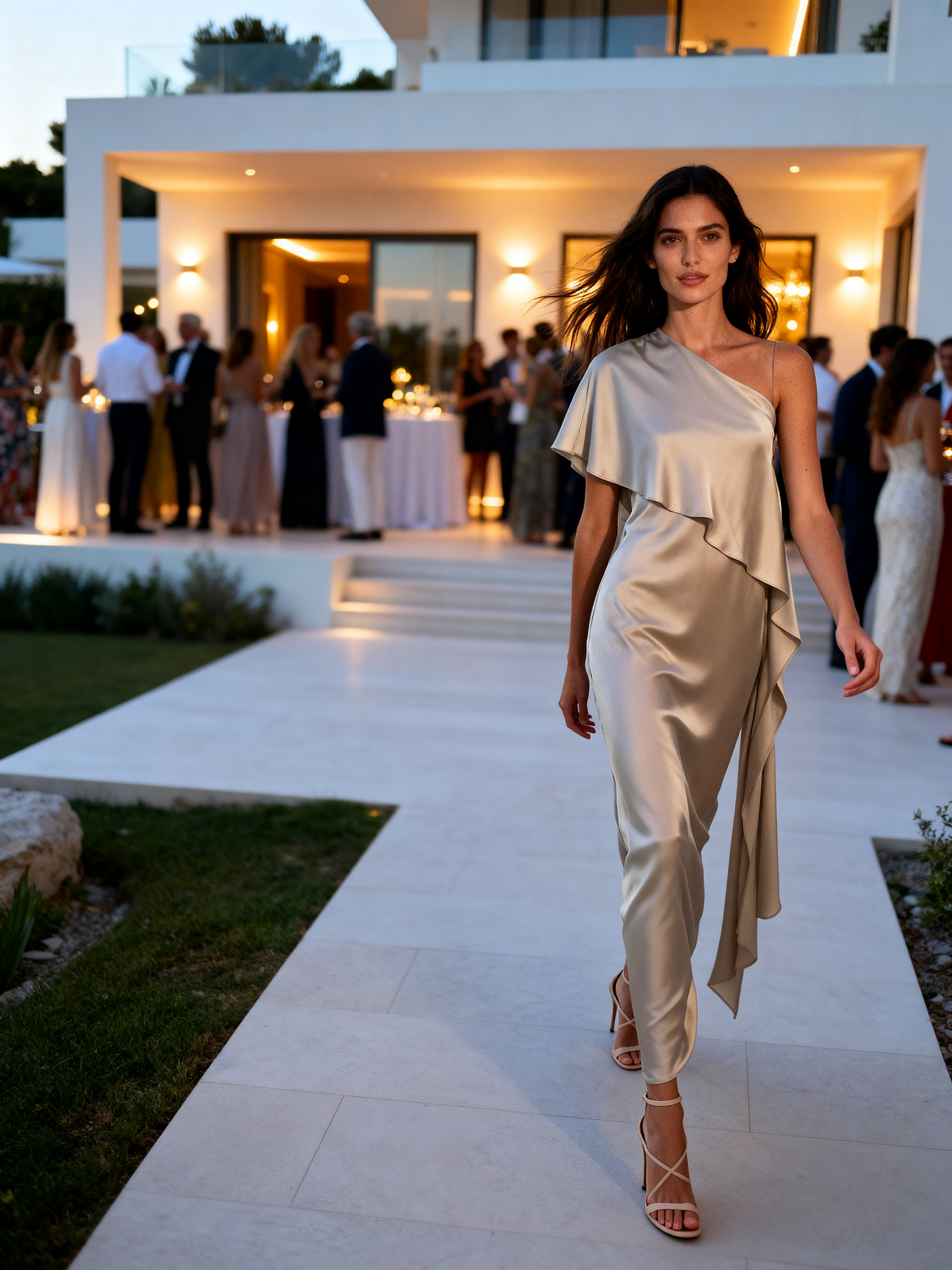 Una donna con un abito beige sfila su una passerella durante un evento serale all'aperto.