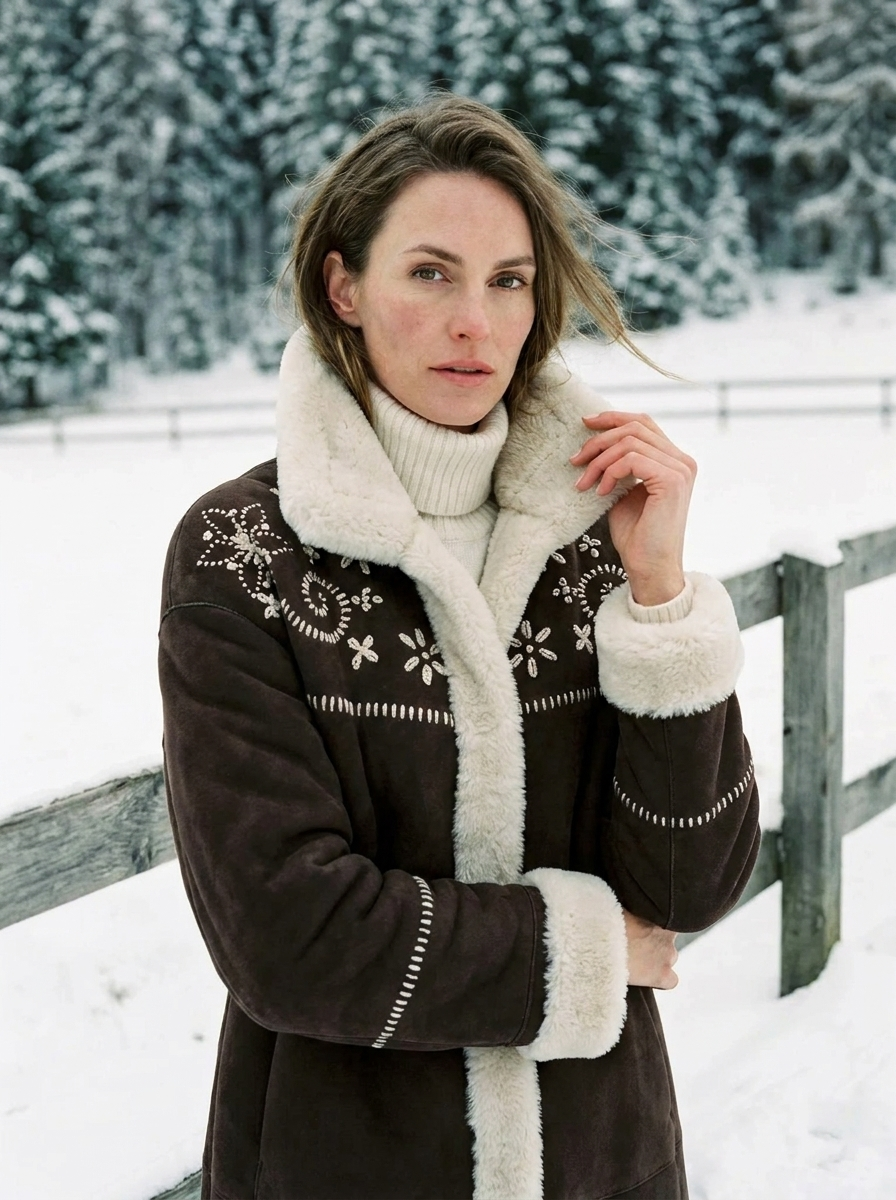 Montone shearling con ricamo bianco