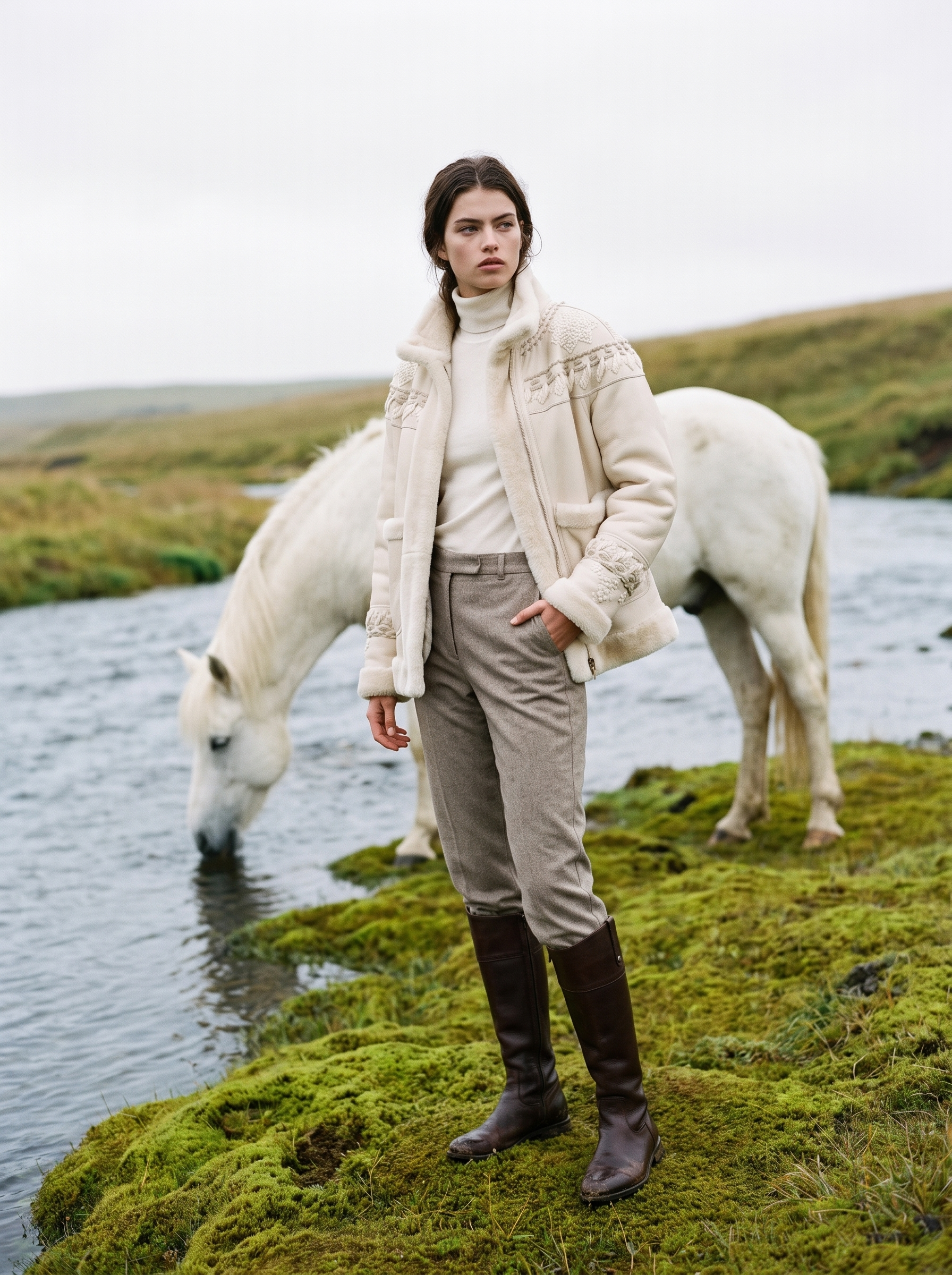 Giacca montone shearling panna ricamato a mano