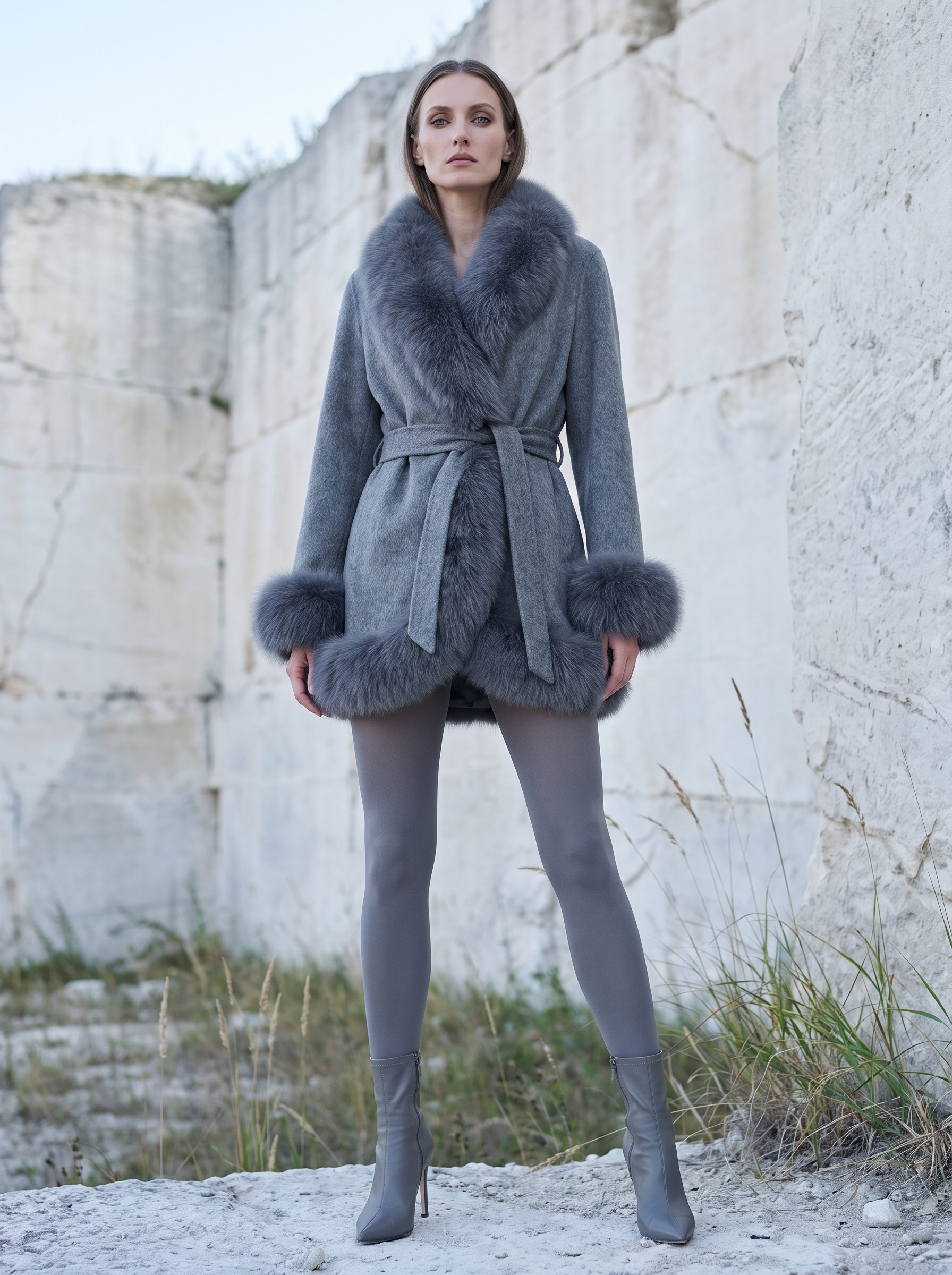 Giacca tessuto misto cashmere bordato in volpe tono su tono