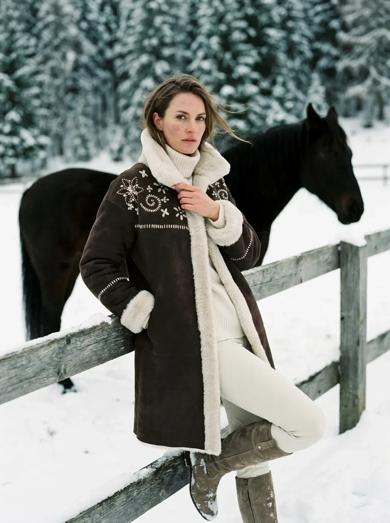 Montone shearling con ricamo bianco