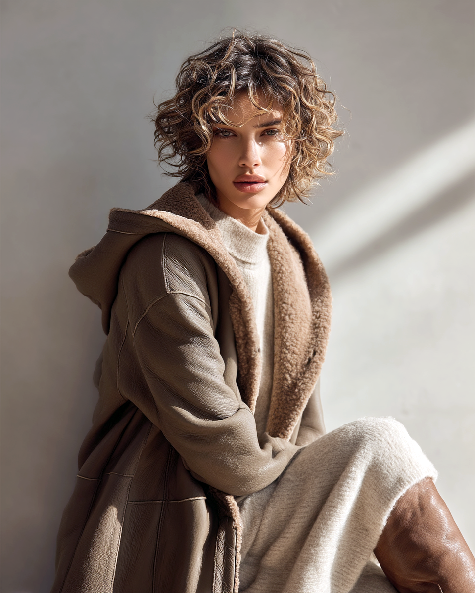 Donna seduta con cappotto marrone chiaro e cappuccio, che guarda verso l'osservatore; sfondo neutro.