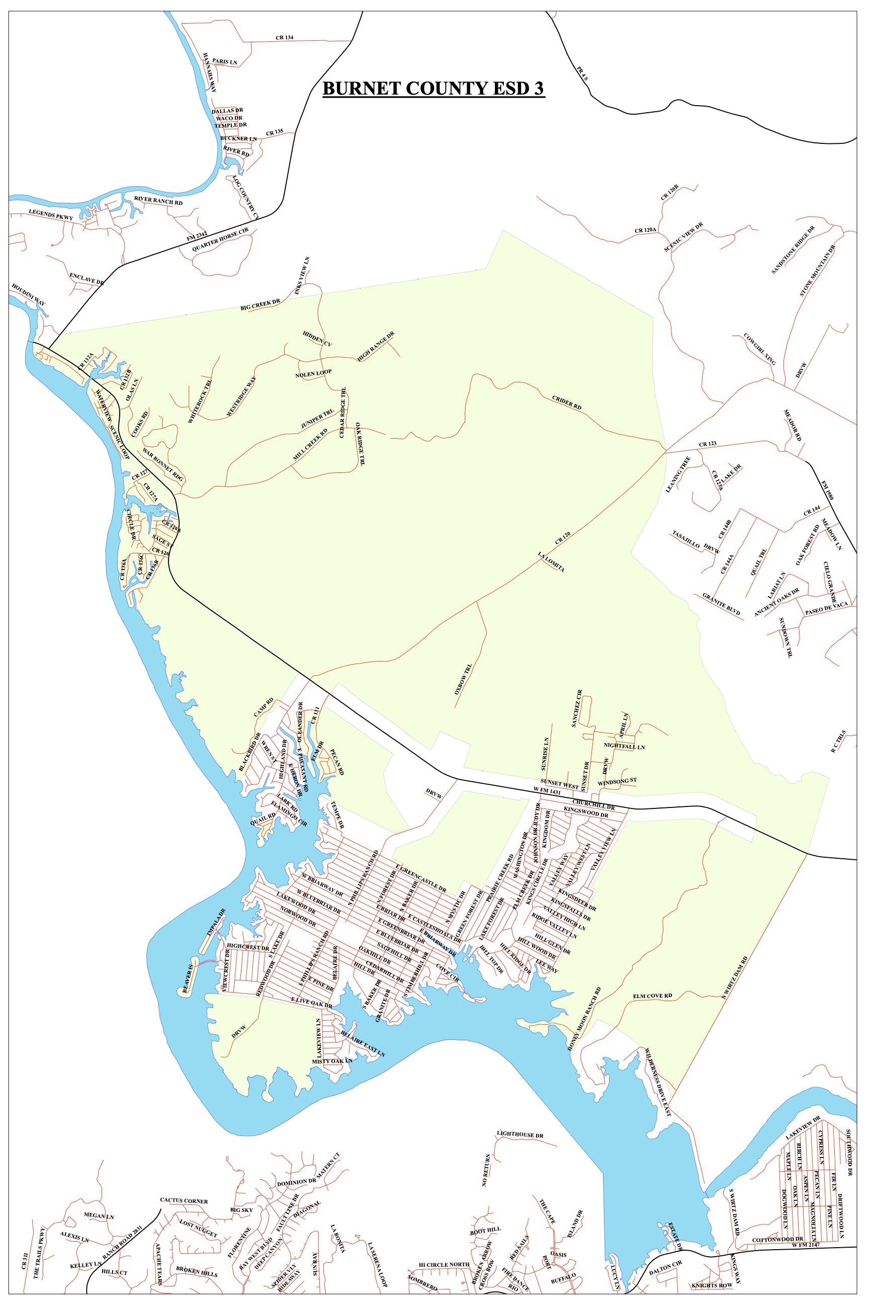 A map of Burnet County ESD 3 coverage area.