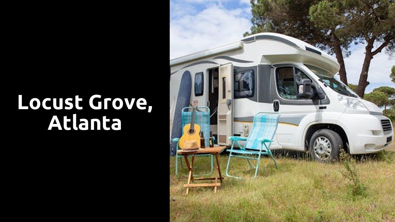 An RV is parked in a grassy field with chairs and a guitar. An RV is parked in a grassy field with chairs and a guitar.