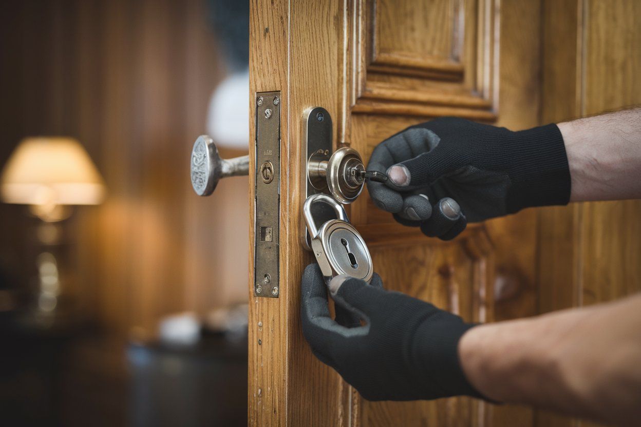 A person wearing black gloves is locking a door with a padlock.