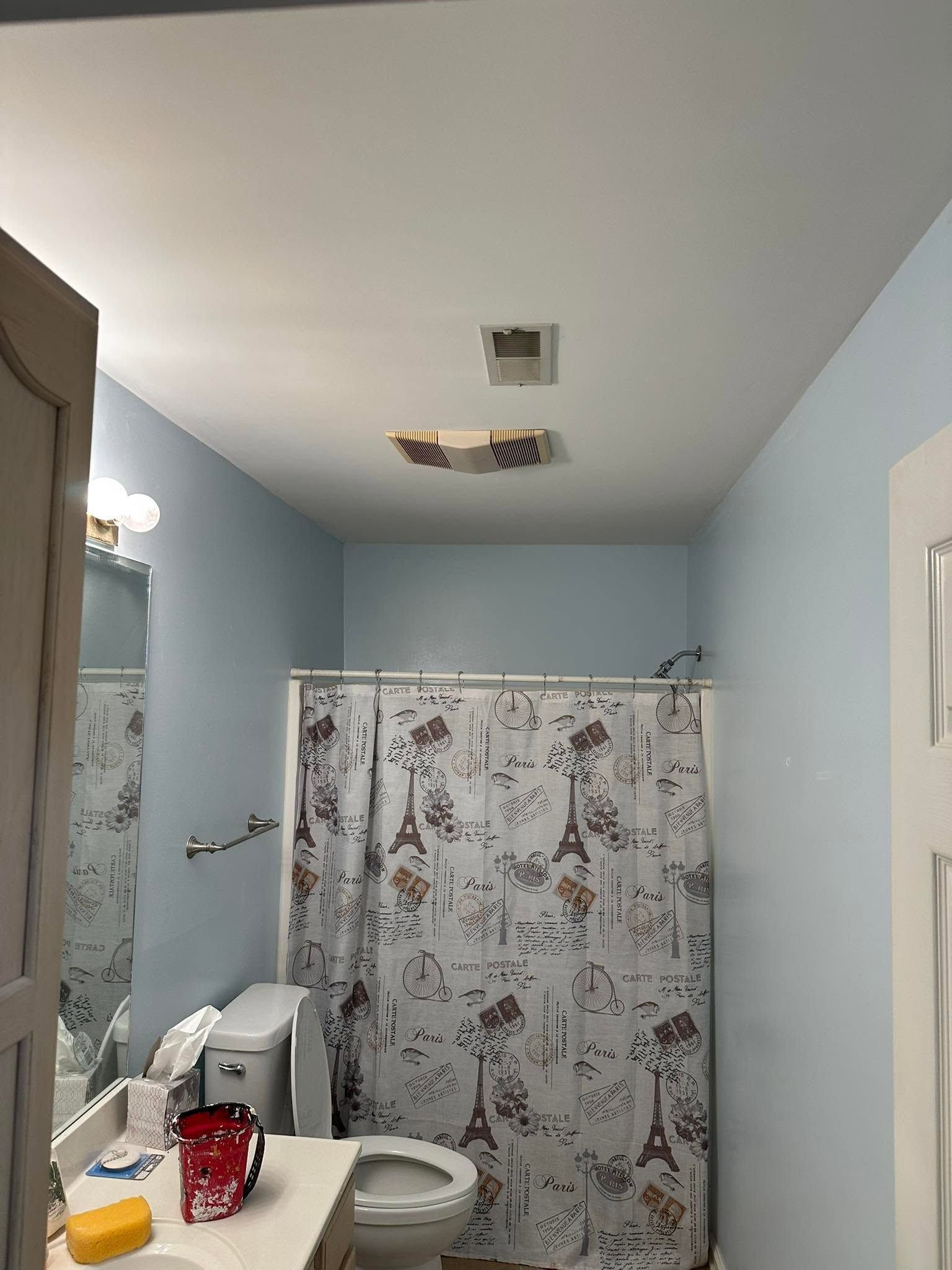 Small bathroom with shower curtain, toilet, sink, mirror, and open door.