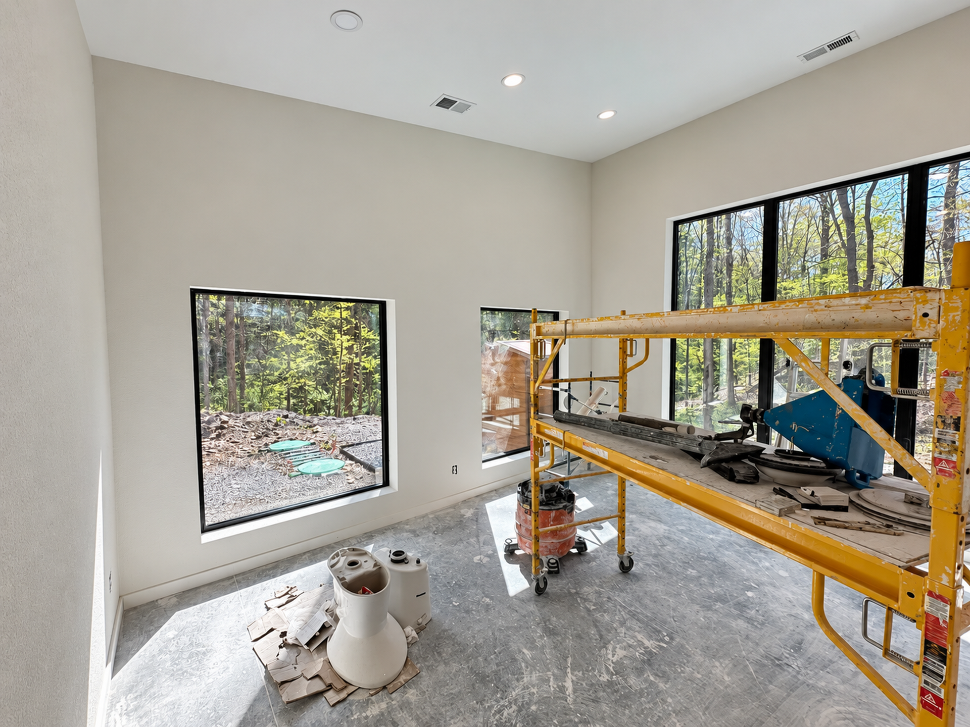 Unfinished house interior with exposed framing, concrete floor, and construction tools.