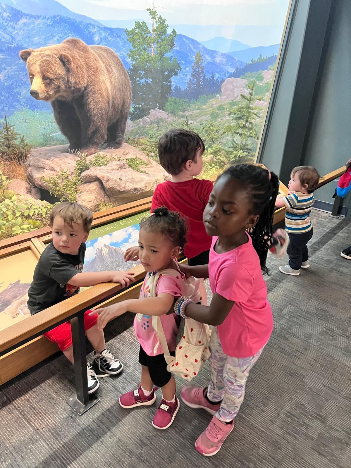Children look at a bear exhibit through a large zoo window.