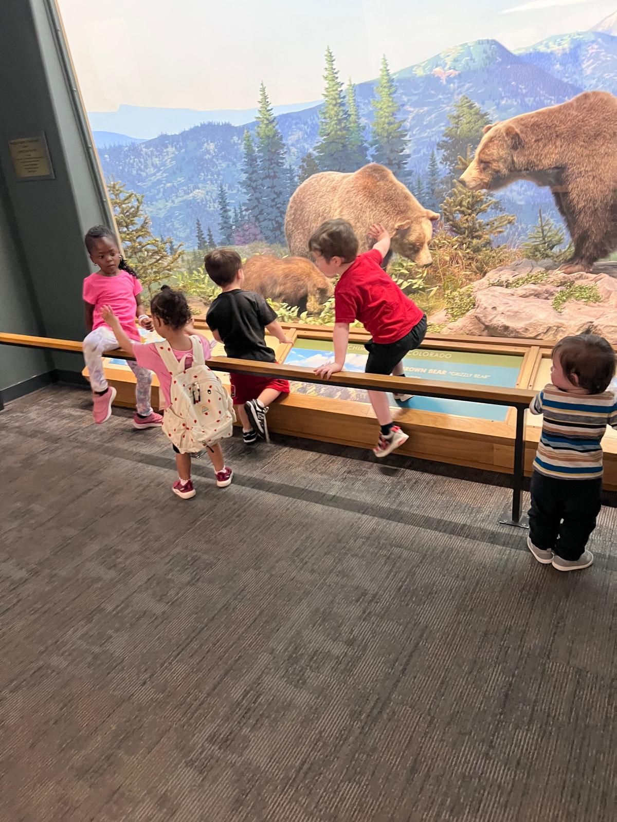Children climbing on a wooden railing at a zoo exhibit, with a painted mountain-and-bear backdrop.