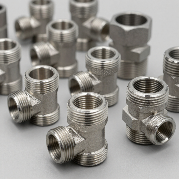 Surtido de accesorios de tubería roscados de metal plateado dispuestos sobre una superficie gris claro.