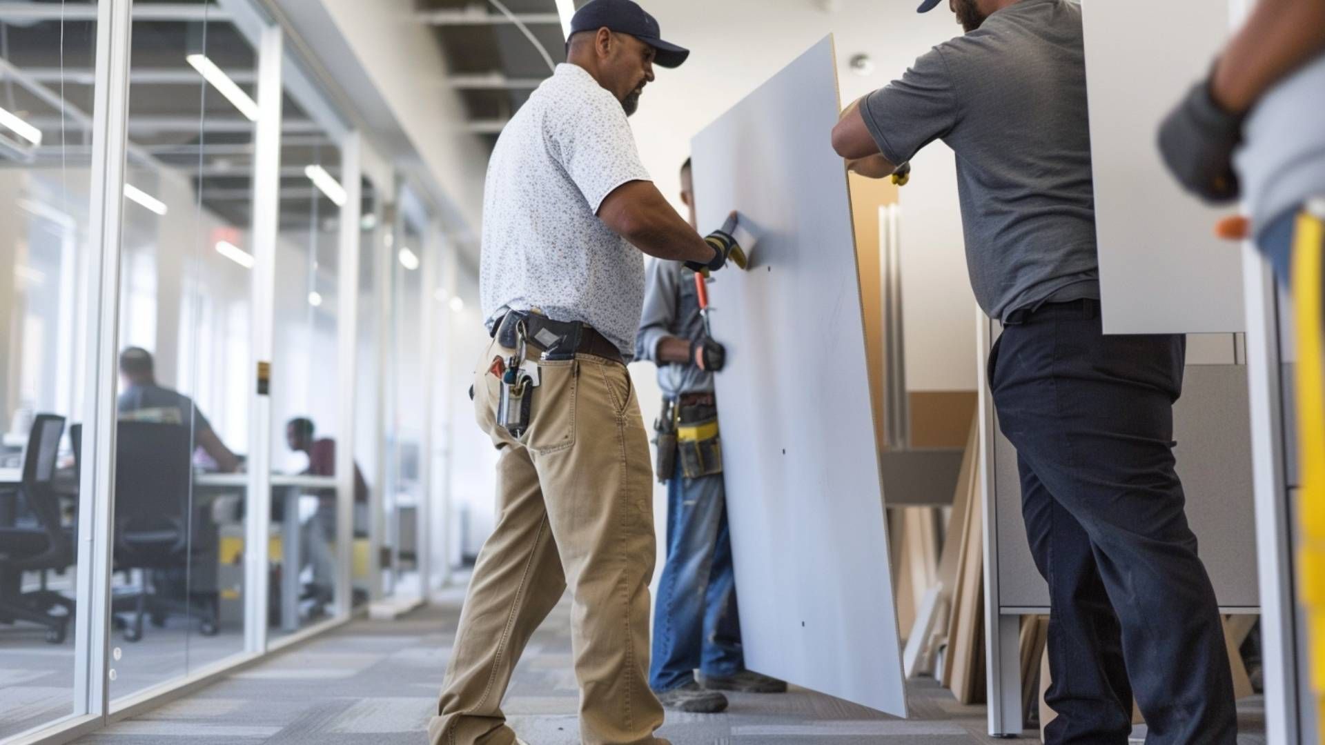 Construction workers installing drywall in an office with glass walls; one worker uses a tool.