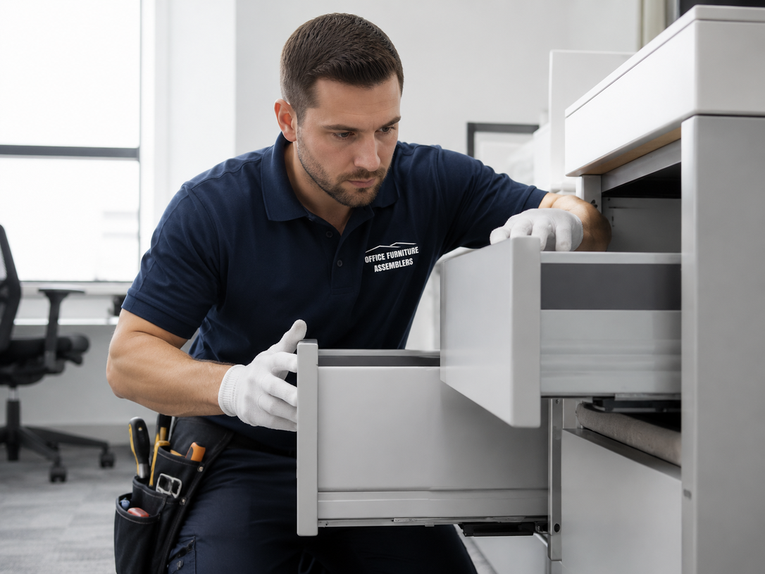 Technician in navy uniform and gloves repairs a gray filing cabinet drawer in an office.