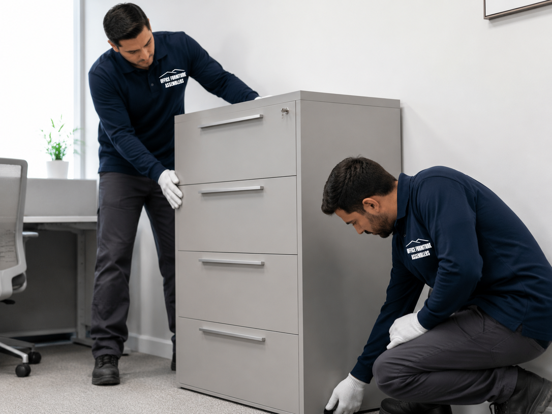 Two workers in navy uniforms maneuver a gray filing cabinet in an office.