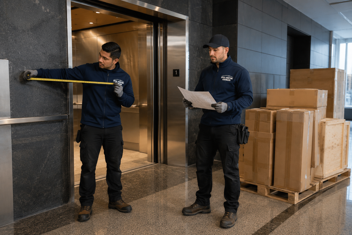 Two workers in dark uniforms at an elevator, one measuring a wall and one checking a clipboard beside stacked boxes.