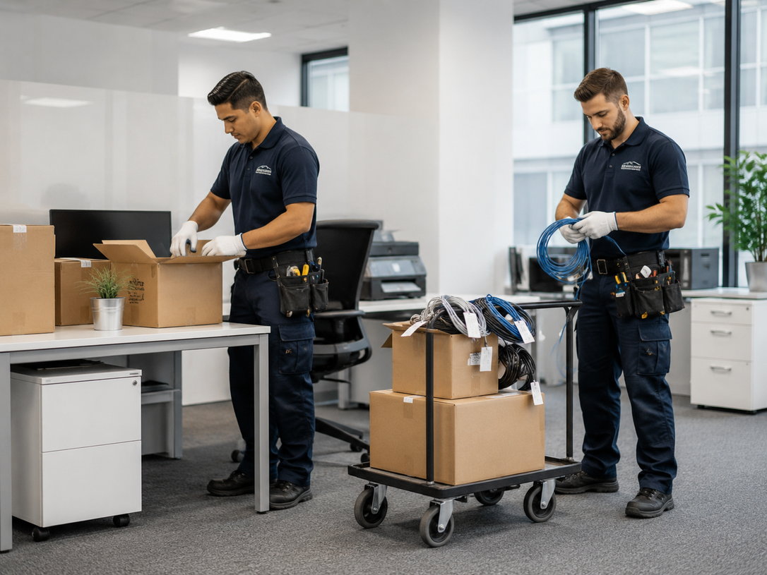Two workers assembling boxes in a bright office, with a hand truck of packed materials nearby.