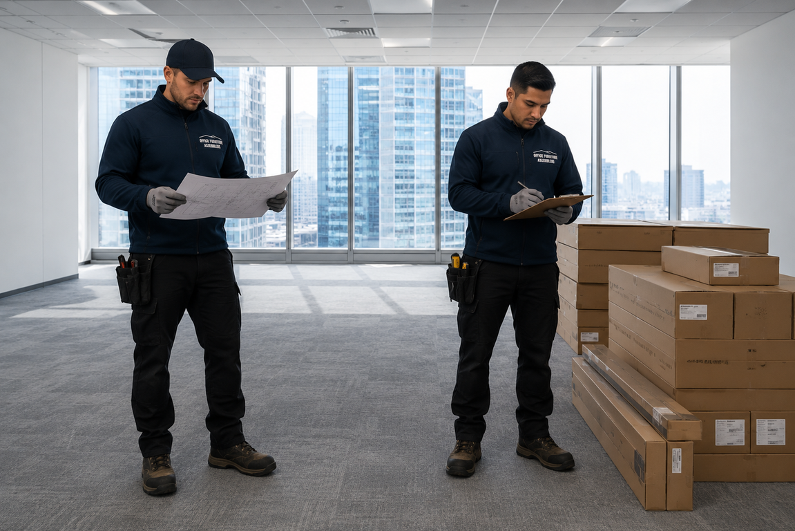 Two workers in dark uniforms inspect paperwork beside stacked moving boxes in a bright office.