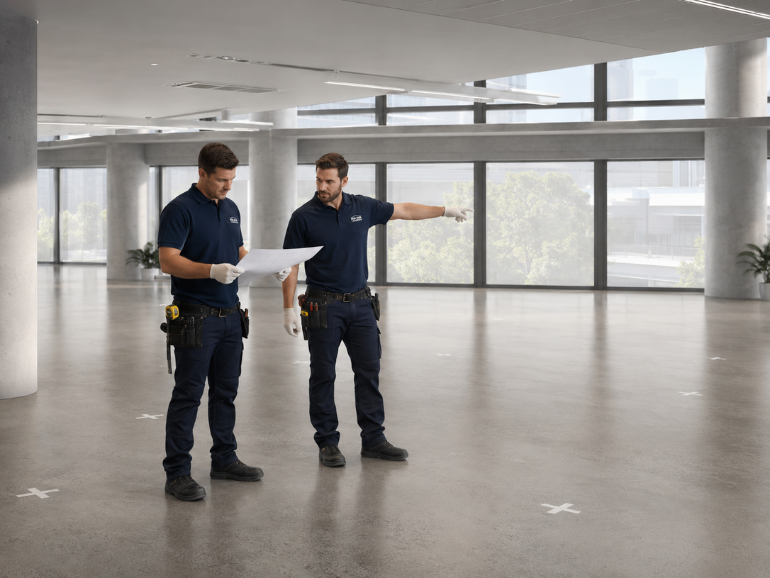 Two workers in dark uniforms review plans in an empty office space, one pointing across the room.