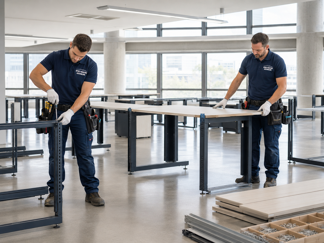 Two workers assembling tables in a bright workshop, with stacked panels in the foreground.