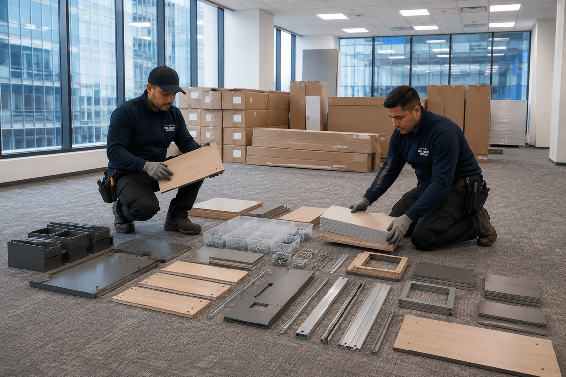 Two workers kneel on carpet, comparing flooring panels in a bright office with stacks of boxes behind them