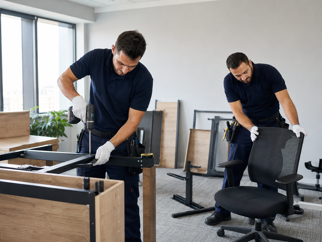 Two movers in navy shirts assembling office furniture in a bright room.