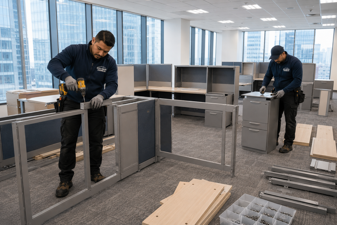 Workers assembling office cubicles in a bright open office space.
