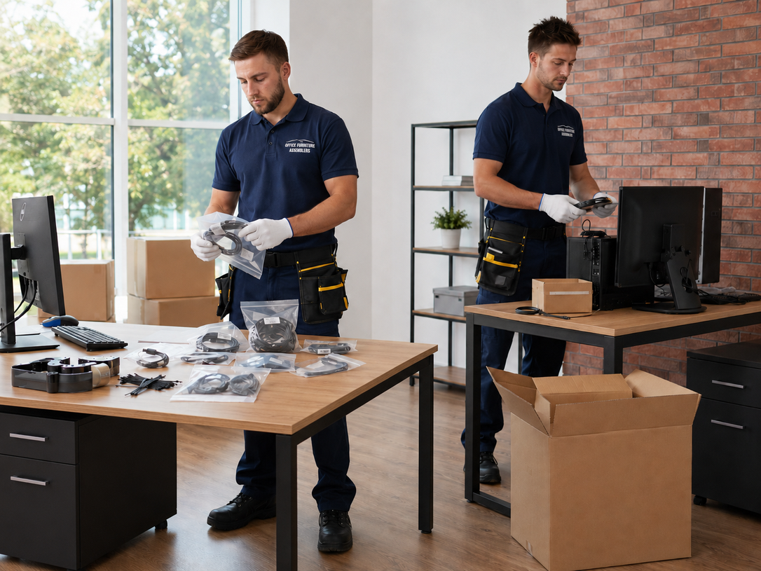 Two workers in navy shirts assembling and packing equipment on tables in a bright office.