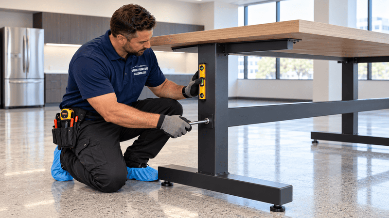 Technician tightening a table leg with a wrench in a bright room
