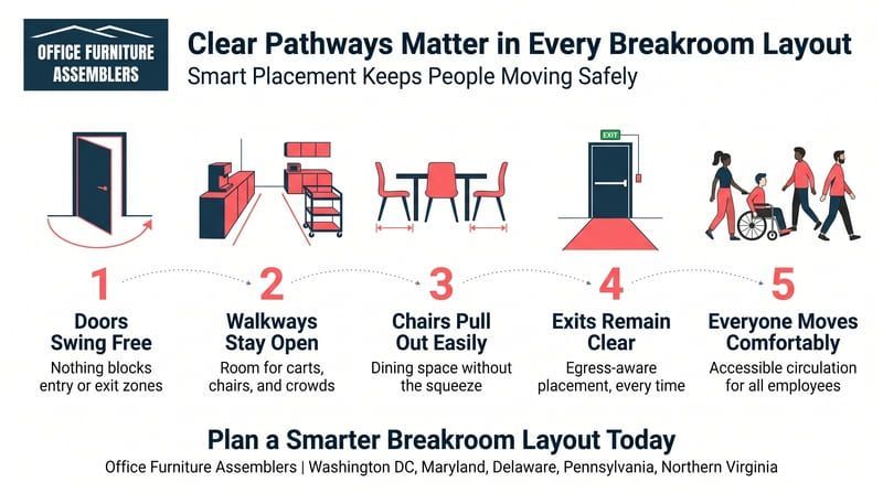 Infographic on breakroom pathways showing five layout tips for safer, clearer movement.
