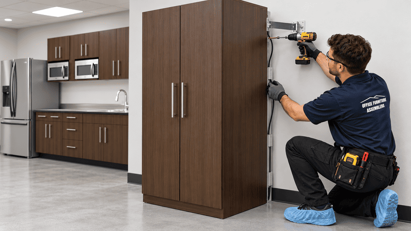 Technician installing a wall-mounted cabinet in a modern kitchen break room