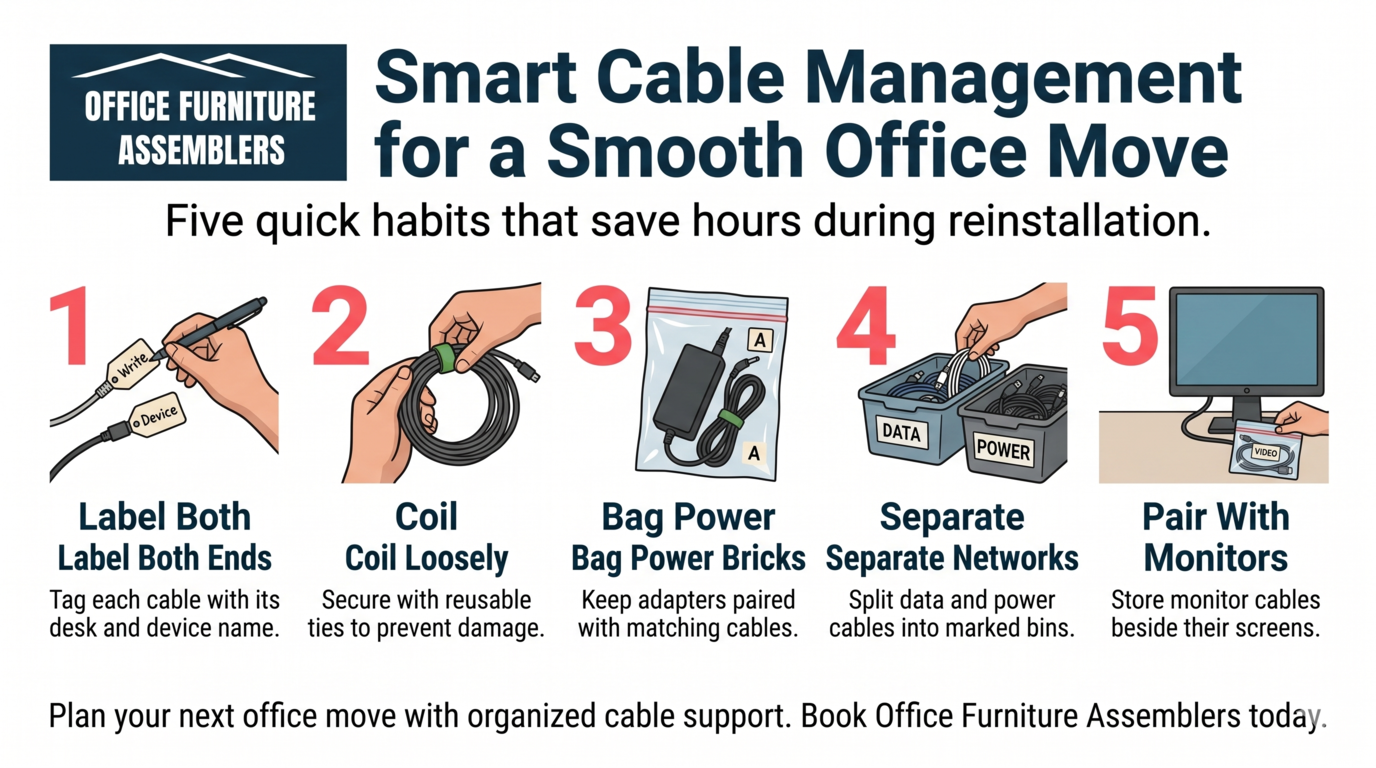 Infographic on smart cable management for office move with 5 tips and cable accessory icons.