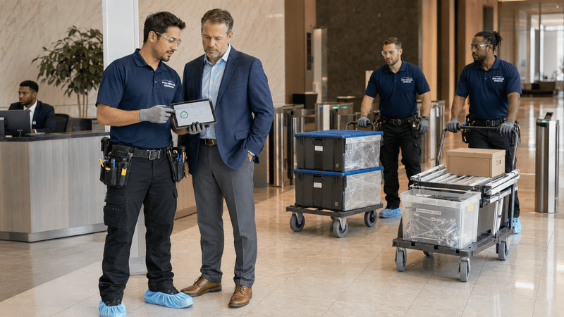 Airport workers with luggage carts assisting a man in a blue suit in a bright lobby
