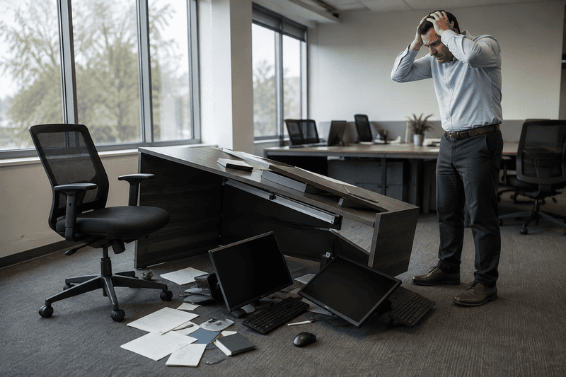 Office worker holding head beside a collapsed desk and broken monitors after an apparent accident
