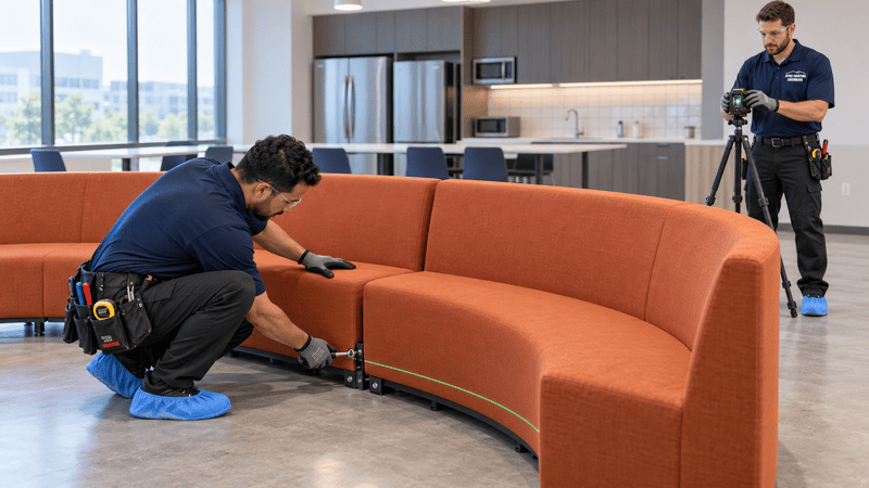 Two technicians installing a curved orange sofa in a bright office lobby, one kneeling with tools, one standing by a camera tripod